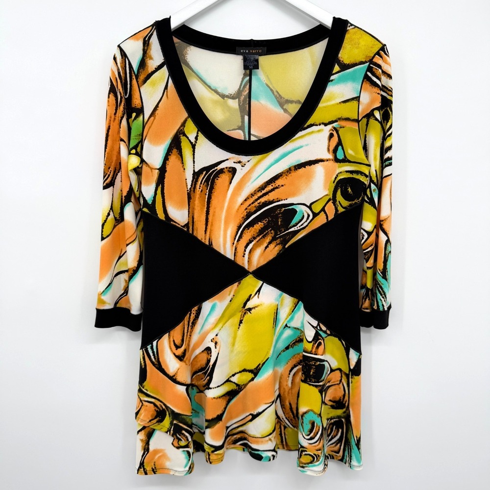 Eva Varro Tunic Top Shirt Medium Stretch Knit 3/4 Sleeve Artsy Retro Mod USA